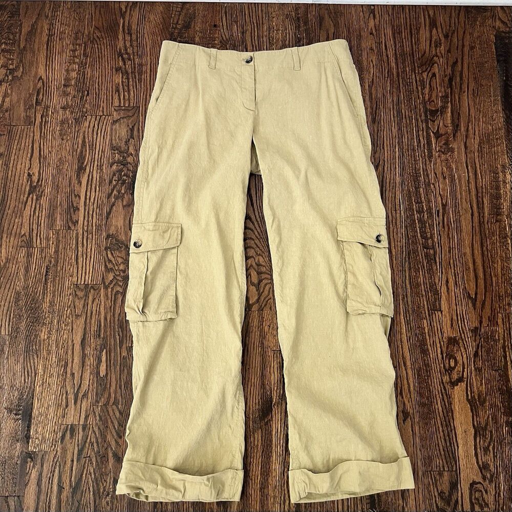Theory Women’s Linen Blend Cargo Pants Cuffed Size 12 Neutral Khaki Very GUC